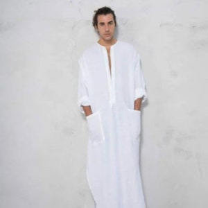Men&#39;s Linen Kaftan Robe: Long Handmade Kurta Shirt