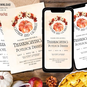 May include: Thanksgiving potluck dinner invitation with a watercolor pumpkin and fall leaves design. The invitation says "Gather and Gobble" and includes the date, time, and address.