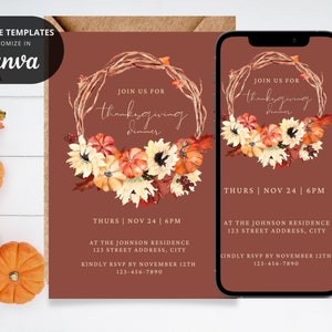 Thanksgiving Dinner Invitation | Printable 5x7 Invite | Digital Invitation | Evite | Canva Template | Holiday Party | Family Work Event