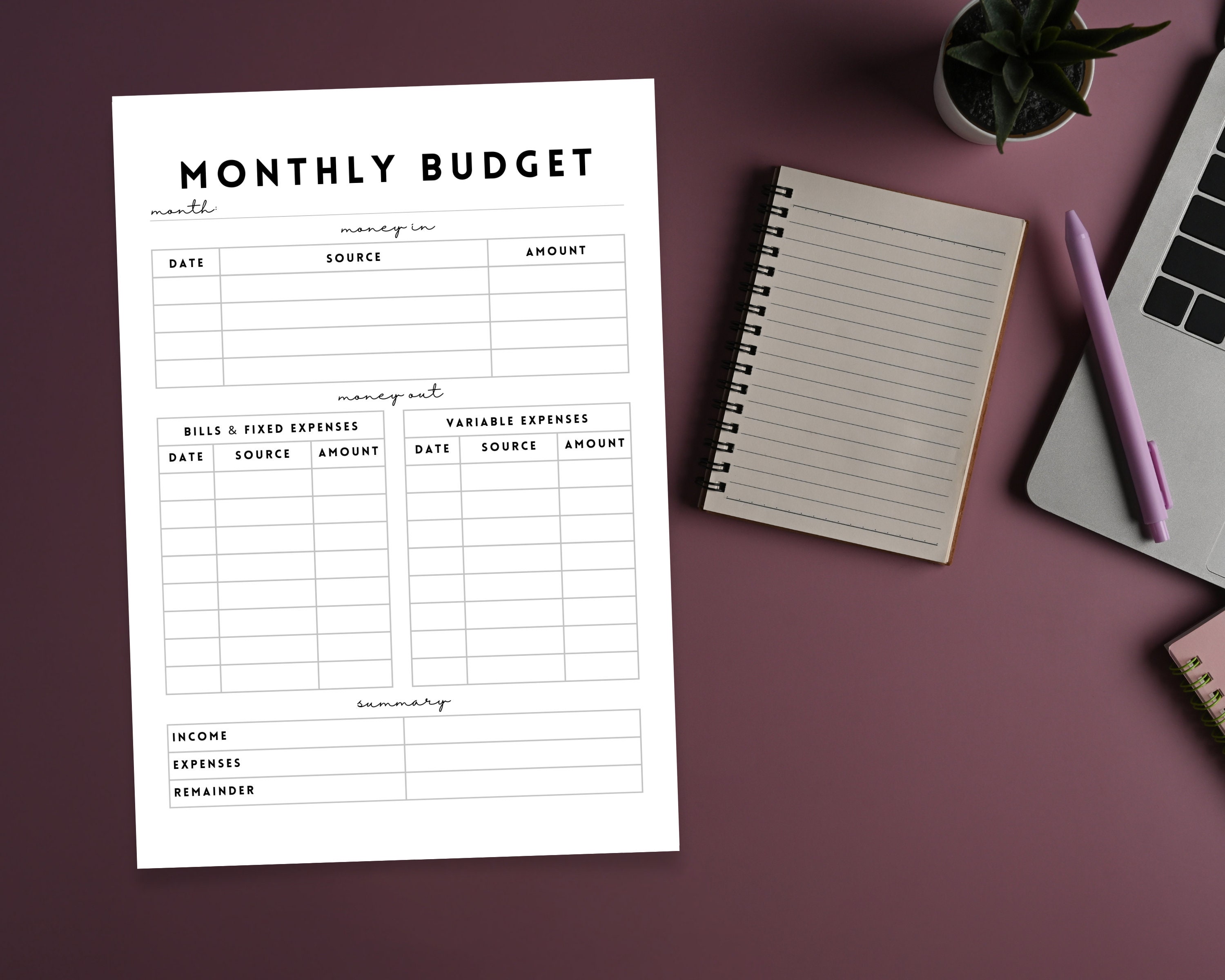 Minimalist Monthly Budget Sheet | US Letter | Editable TEMPLATE ...