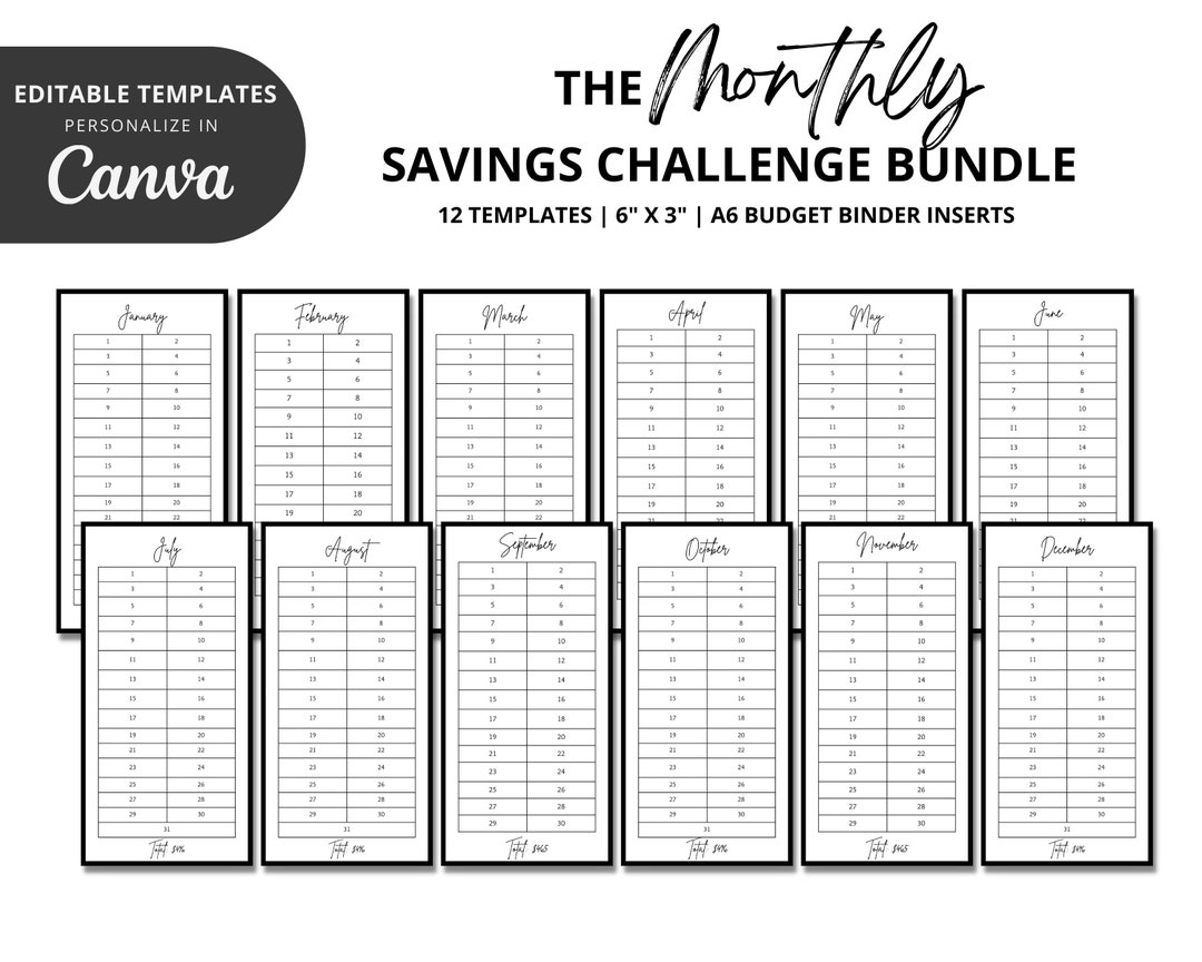 A6 Budget Binder Inserts Monthly Savings Challenge Bundle 12 Canva