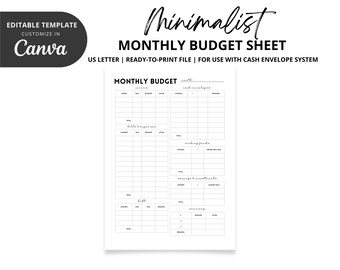 Monthly Budget Sheet: Editable US Letter Template (Digital Download)