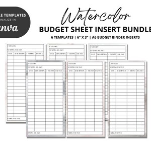 Könnte beinhalten: Ein Bundle von Budget-Sheet-Einsätzen mit Aquarelldesign. Die Einsätze sind 15,2 cm x 7,6 cm groß und für A6-Budgetordner konzipiert. Der Text auf dem Bild lautet "Watercolor Budget Sheet Insert Bundle" und "Editable Templates Personalize in Canva".