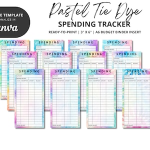 Puede incluir: Un conjunto de 10 hojas de seguimiento de gastos imprimibles en tie-dye pastel. Cada hoja tiene una combinación de colores diferente de rosa, azul y amarillo. Las hojas están diseñadas para ser utilizadas como insertos de carpeta de presupuesto. El texto "SPENDING TRACKER" está impreso en cada hoja.