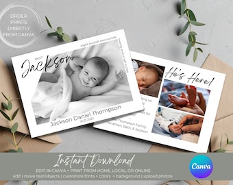 May include: A black and white birth announcement card with a photo of a baby boy. The card says "Meet Jackson" and "Jackson Daniel Thompson 10.22.2022". The card also includes the baby's weight and length. The card says "He's Here!" and includes photos of the baby's feet and hands. The card says "Instant Download" and includes instructions for editing and printing the card.