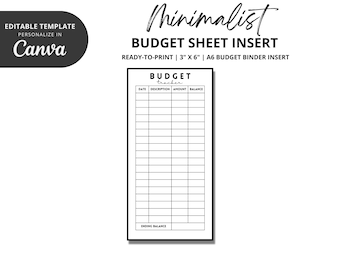 A6 Budget Tracker for Cash Envelope System | Minimalist Insert Sheet | Cash Stuffing Budgeting TEMPLATE | Budget Binder Financial Planner