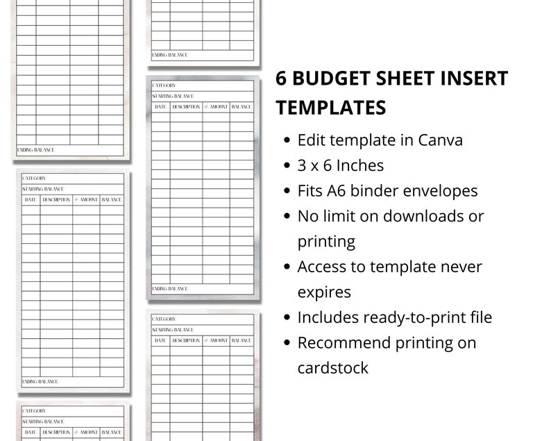 A6 Budget Sheet Inserts for Cash Envelope System | Bundle of 6 Cash ...