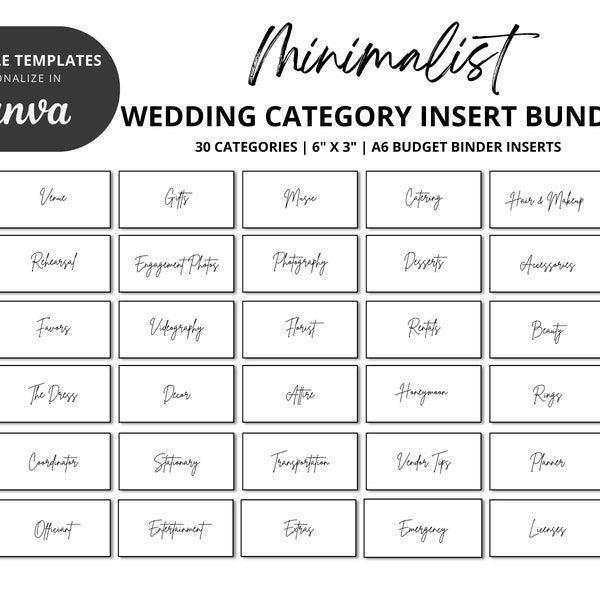 A6 Wedding Budget Binder Envelope Inserts | 30 Categories | Cash Stuffing TEMPLATE | DIY Budgeting Wallet