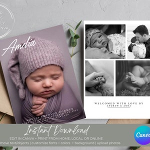 Minimalist Birth Announcement Template | Edit in Canva | Newborn Baby 5x7 Card with Birth Stats | Printable Digital Download