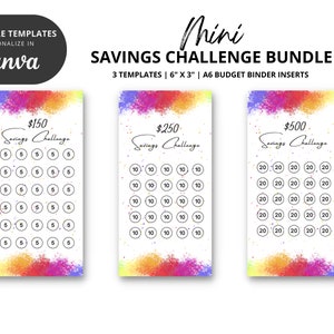 May include: Three printable savings challenge trackers with colorful watercolor backgrounds. The trackers are designed for $150, $250, and $500 savings goals. Each tracker has a grid of circles with numbers for tracking progress.