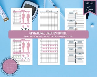 Gestational Diabetes Tracker Bundle | Blood Sugar Log, Meal Planner (Printable, Editable)