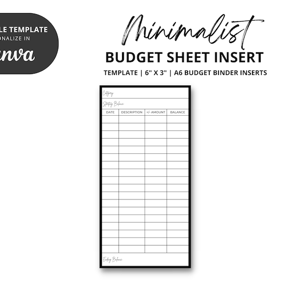 A6 Budget Sheet Insert for Cash Envelope System | Minimalist Cash Stuffing Budgeting TEMPLATE | Budget Binder Financial Planner