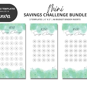 May include: Three printable savings challenge trackers with watercolor backgrounds. The trackers are for $150, $250, and $500. Each tracker has a grid of circles to color in as you save.
