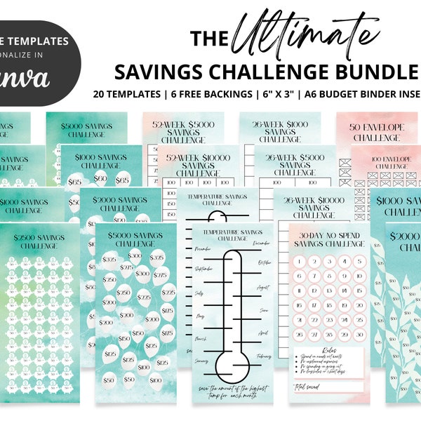 A6 Budget Binder Inserts | Ultimate Savings Challenge Bundle | 20 Canva TEMPLATES for Cash Stuffing | 6"x3"  Fits A6 Binder Envelopes