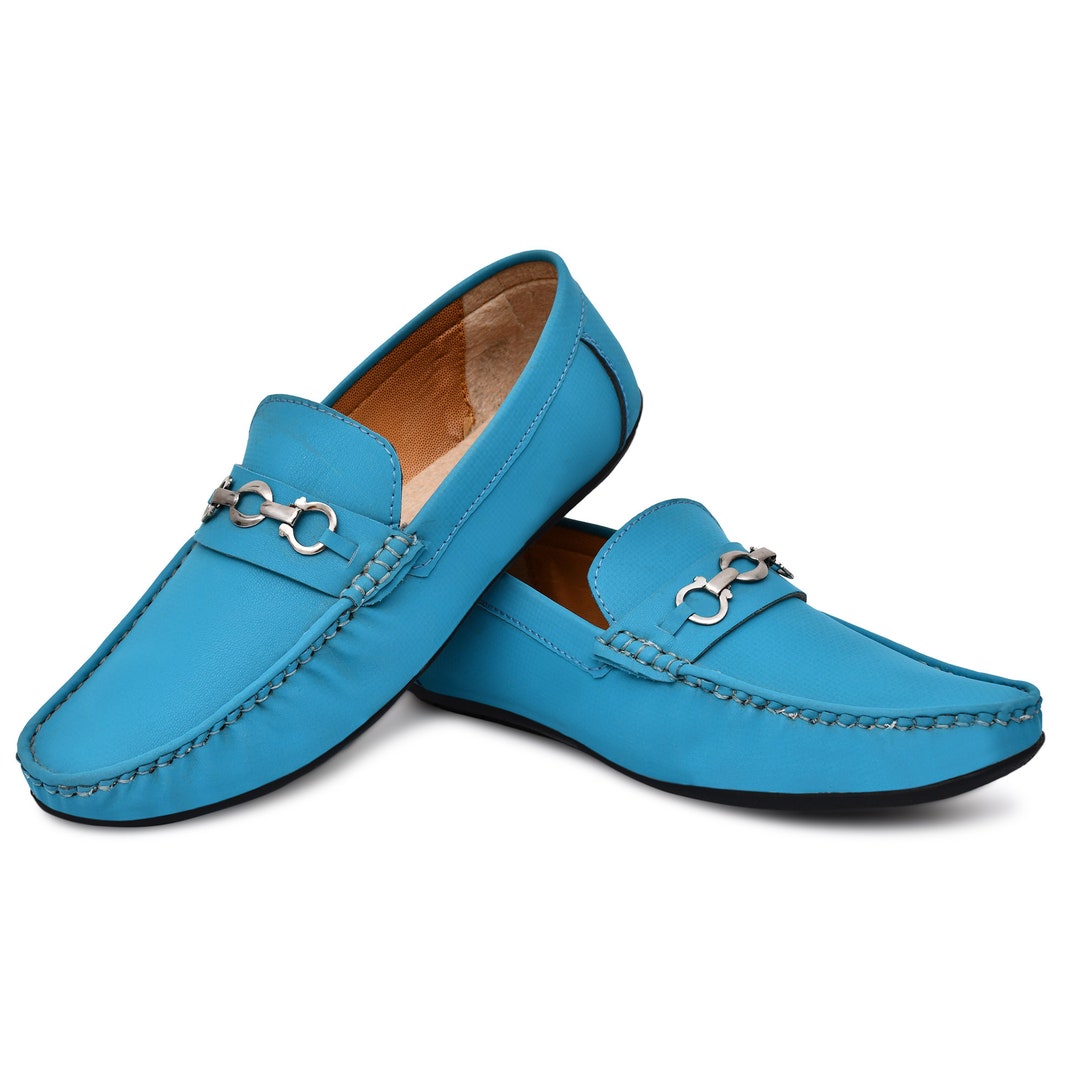 Horsebit Loafers Casual Shoes Sky Blue Sleek and Gleaming Etsy