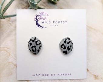 Grey Pebble Leopard Print Earrings Studs Polymer Clay Handmade Jewellery Stainless Steel Hypoallergenic