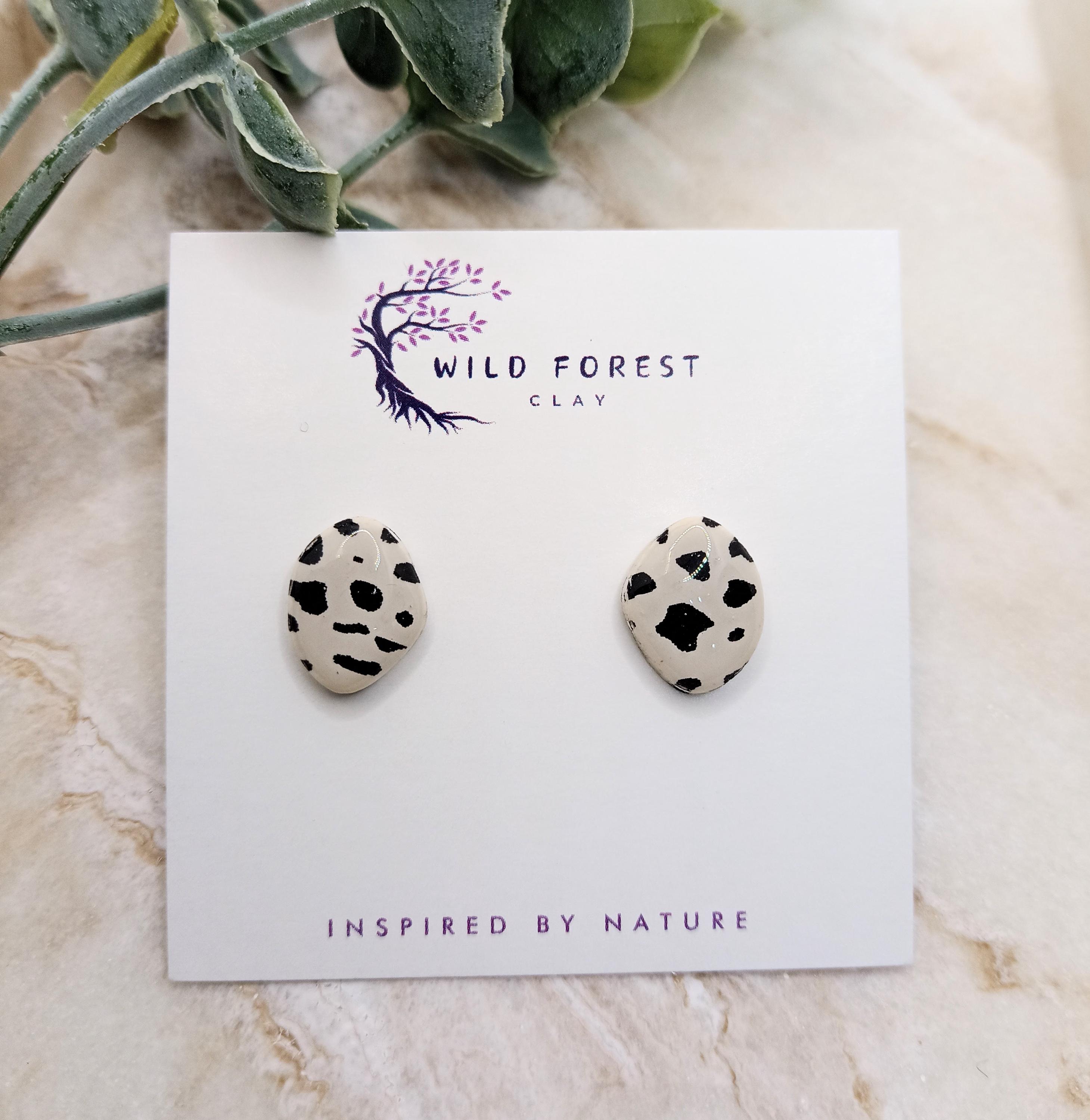 Pebble Dalmatian Print Earrings Studs Polymer Clay Handmade Jewellery Stainless Steel Hypoallergenic Neutral Stone