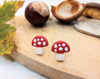 Mushroom Earrings Studs Polymer Clay Autumn Fall Handmade Jewellery Stainless Steel Hypoallergenic