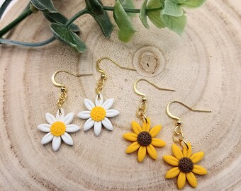 SUNFLOWER / DAISY Elegant Polymer Clay Drop Earrings 18k Gold Plated Hooks Jewellery Gift Flower Design