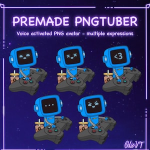 May include: A blue robot with different facial expressions holding a black video game controller. The robot is wearing a blue shirt and has a blue screen with a white border. The robot is sitting on a black and white background. The text "PREMADE PNGTUBER" and "Voice activated PNG avatar - multiple expressions" is at the top of the image. The text "Odie VT" is at the bottom of the image.
