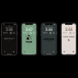 May include: Six different iPhone screens with various backgrounds and text. The backgrounds are peach, black, green, dark green, beige, and orange. The text on the screens includes "HOHEY", "ABSTRACT", "FREEDOM", "FOCUS", "GOOD VIBES", and "FOCUS".