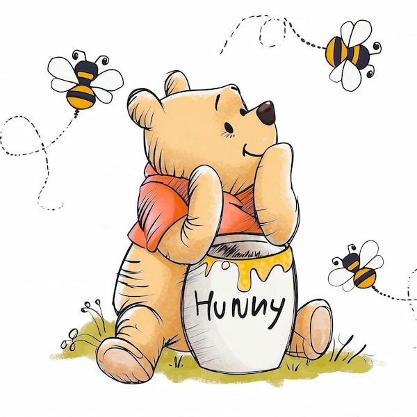 Honey Bear Clipart PNG Watercolor, Honey Bear Png, Bear with Honey Pot, Cartoon Bear Png, Honey Bee Sublimation for Tshirt Gift for Kids