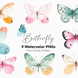 9 fichiers PNG Clipart papillon, aquarelle papillon et fleurs Clipart, ensemble de papillons Illustrations, idées cadeaux, téléchargement numérique