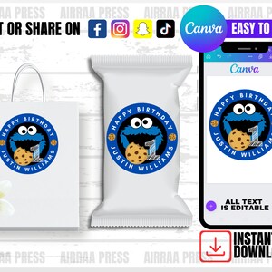 Editable DIY Cookie Monster Birthday Sticker Template | Canva Digital Download
