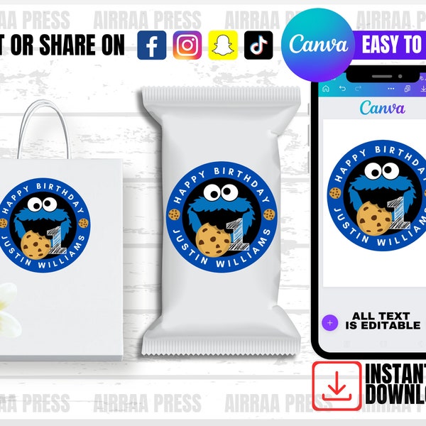 Editable DIY Cookie Monster Birthday Sticker Template | Canva Digital Download