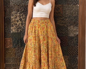 Saia Maxi Boho Floral | Saia de Algodão de Cintura Alta | Ideal para Praia e Festivais