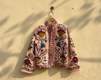 Cotton Suzani Hand Embroidery Jacket Coat,  Beige Women Wear Winter Jackets, Bridesmaid Gift, Winter Jacket, Kimono Robe, Bridesmaid Jackets