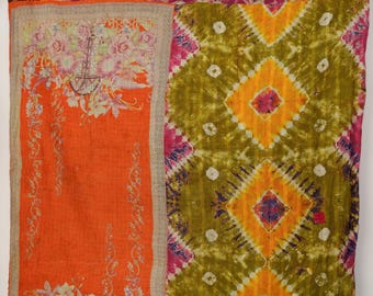Vintage Kantha Quilt Handmade Indian Cotton Throw Blanket Boho Home Decor