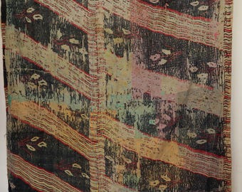 Colcha Kantha rústica vintage reversível feita à mão em algodão, estilo indiano, manta para cama boho.