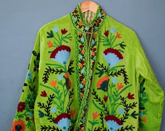 Velvet Suzani Jacket: Embroidered Floral Design, Silk Lined