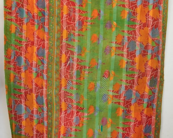 Handmade Vintage Kantha Quilt Colorful Floral Cotton Blanket Reversible Bed Cover Boho Decor