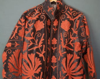 Velvet Suzani Jacket: Embroidered Floral Design, Silk Lined