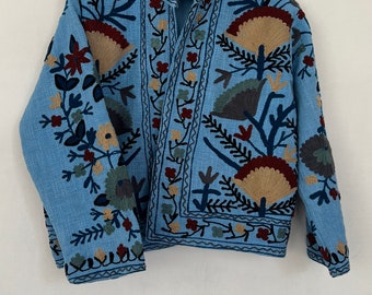 Handmade Cotton Suzani Jacket: Embroidered Kimono Coat