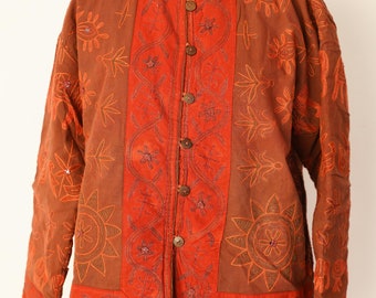 XL Vintage Kantha Jacket: Handmade Cotton Bohemian Coat