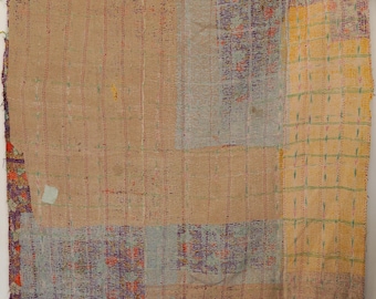 Colcha vintage Kantha em patchwork, feita à mão em algodão, estilo rústico de fazenda, para decoração de casa.