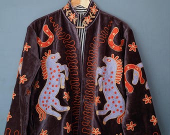 Velvet Suzani Jacket: Embroidered Floral Design, Silk Lined