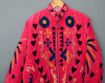 Velvet Suzani Jacket: Embroidered Floral Design, Silk Lined