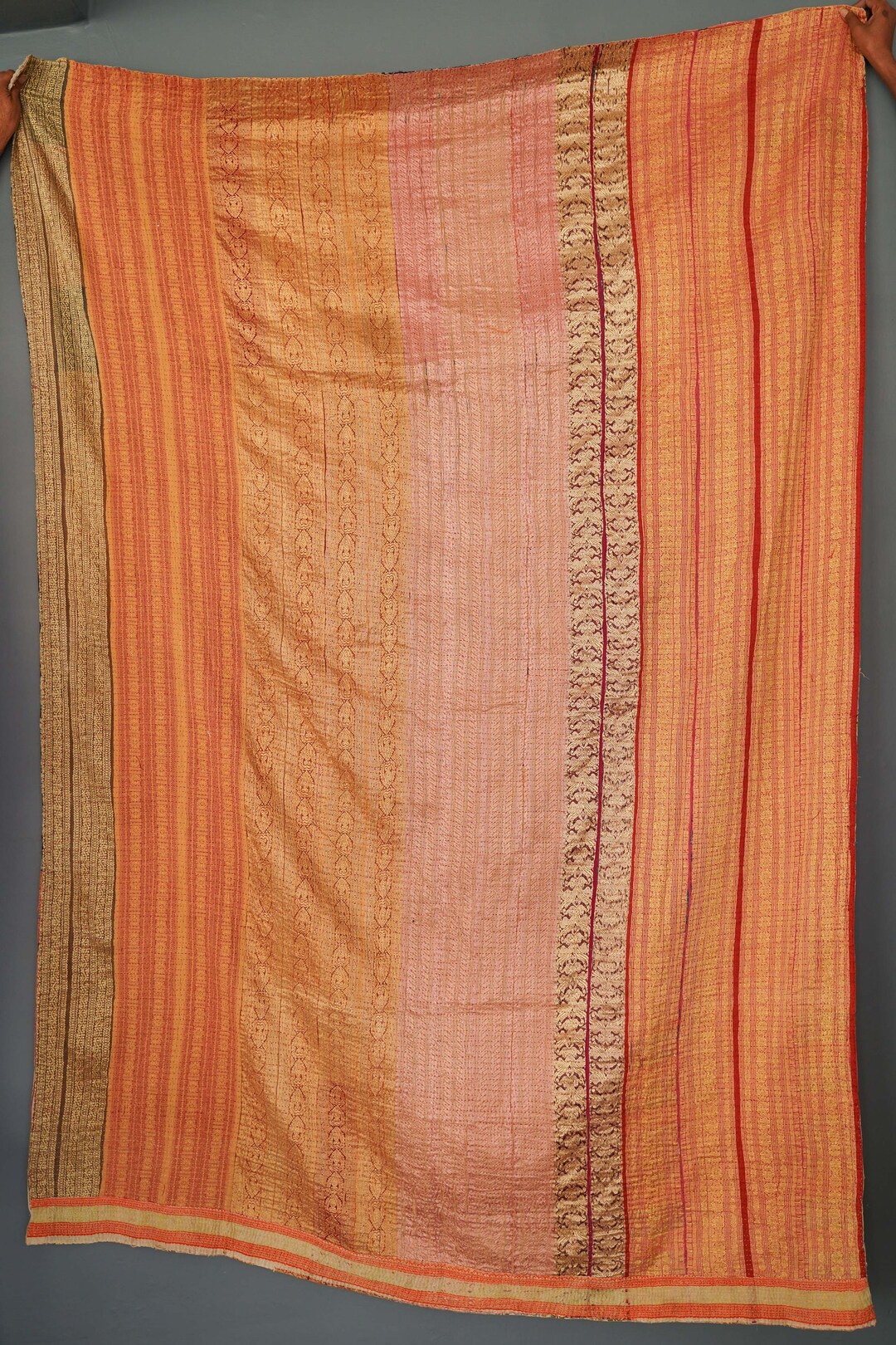 60x90 Inches Multicolor Handmade Indian Cotton Kantha Quilt, Vintage