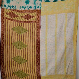 Könnte beinhalten: Ein rechteckiges Textilstück mit Patchwork-Design. Der obere Bereich zeigt ein türkisfarbenes und weißes Batikmuster. Die untere linke Seite hat gelbe vertikale Streifen mit grünen Rautenmotiven, während die rechte Seite aus hellgelbem Stoff besteht.