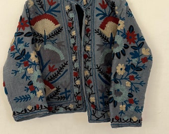 Handmade Cotton Suzani Embroidered Jacket: Blue Kimono Robe