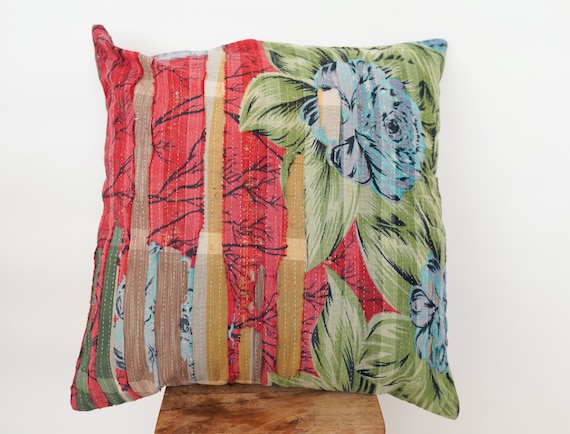 Vintage Kantha Pillow Cover: Bohemian Patchwork Cushion, 50x50cm