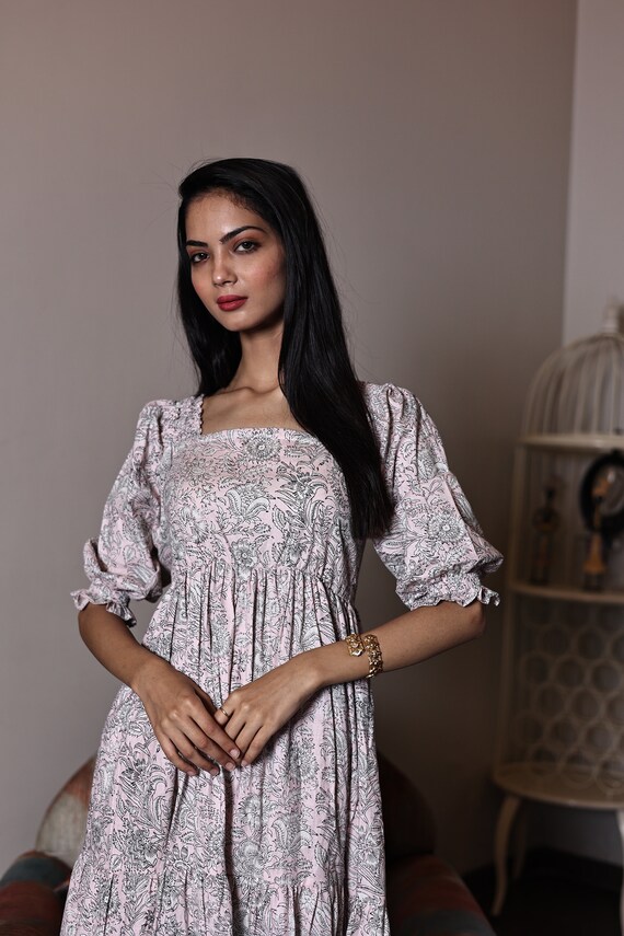 Floral Print Cotton Maxi Dress: Boho Crochet Lace, Puffed Sleeves