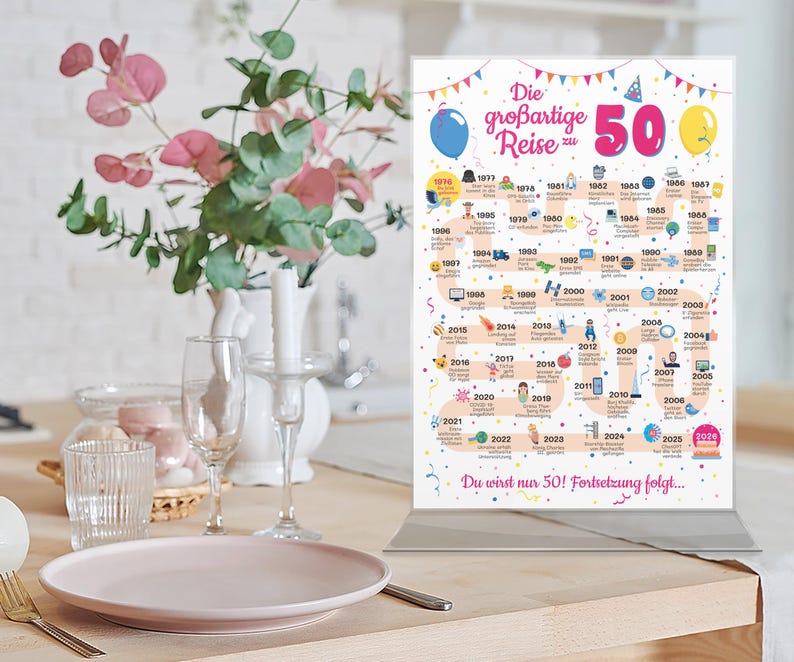 May include: A decorative sign with the text "Die gro&szlig;artige Reise zu 50" and a timeline of events. The sign is displayed on a table with a pink plate, silverware, and a vase of flowers. The sign is in German.