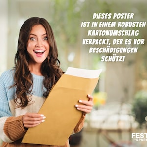 May include: A woman holding a large brown cardboard envelope with white paper inside. The text on the image reads: "THIS POSTER IS PACKAGED IN A STURDY CARDBOARD ENVELOPE THAT PROTECTS IT FROM DAMAGE." The Festy Spark logo is in the bottom right corner.