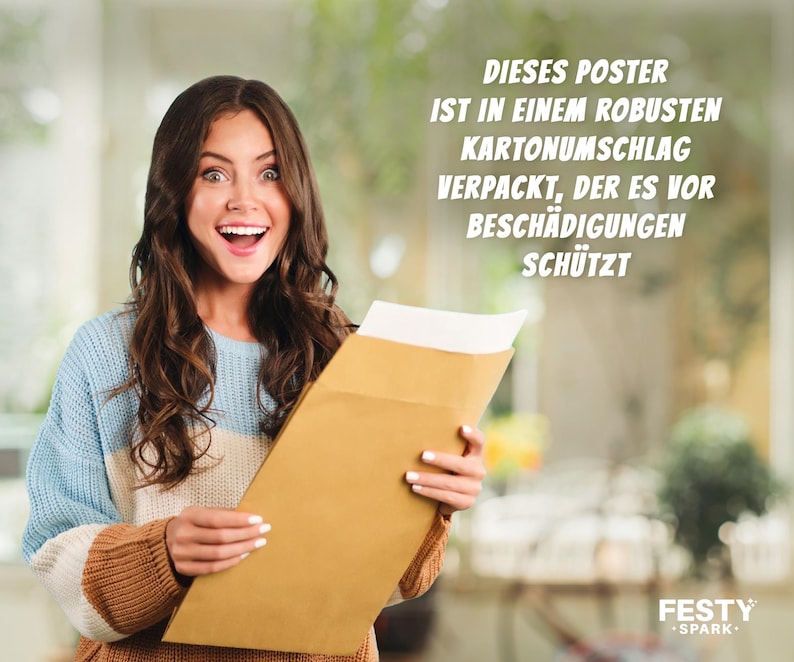 May include: A woman holding a large brown cardboard envelope with white paper inside. The text on the image reads: "THIS POSTER IS PACKAGED IN A STURDY CARDBOARD ENVELOPE THAT PROTECTS IT FROM DAMAGE." The Festy Spark logo is in the bottom right corner.