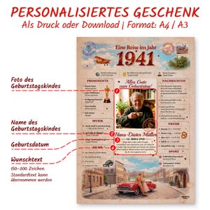 Puede incluir: Un póster de regalo personalizado de estilo vintage, con fecha de 1941, con espacio para una foto, nombre y fecha de cumpleaños. El diseño incluye un coche rojo y una pareja en una escena de calle europea.